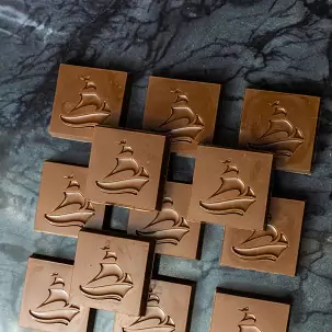 Chocolate squares with the deZaan logo on them