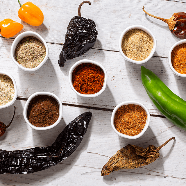 Flat lay of dried chili pepper and spices