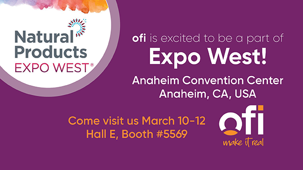 Banner with logos for ofi and Natural Products Expo West reads: ofi is excited to be a part of Expo West!