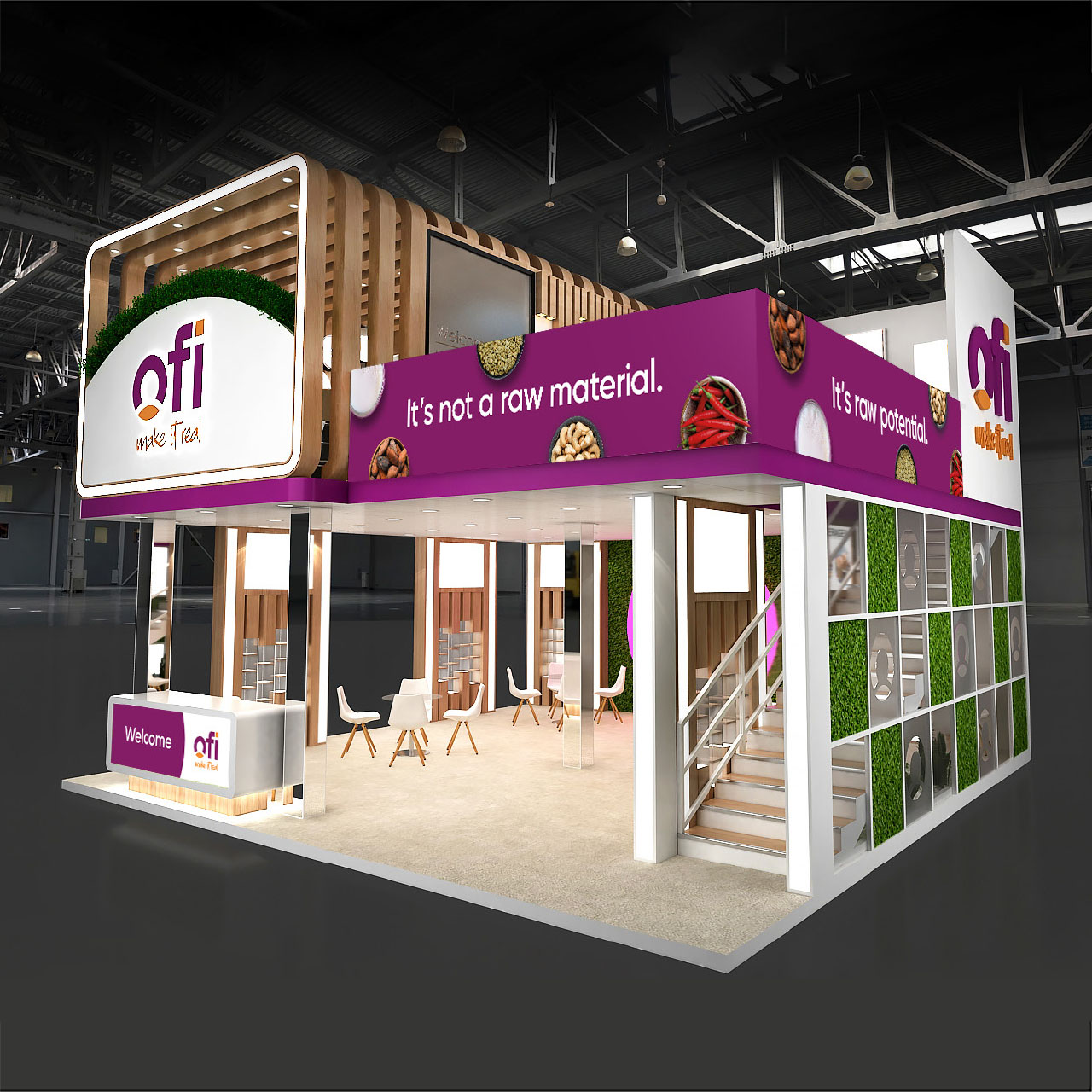 3D photo of a ofi booth with the company logo and the slogan its not raw material, it's raw potential