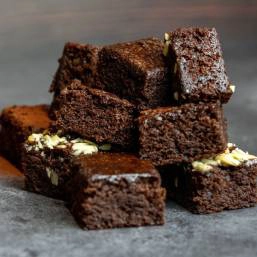 A stack of chocolate cake dessert cut into cubes