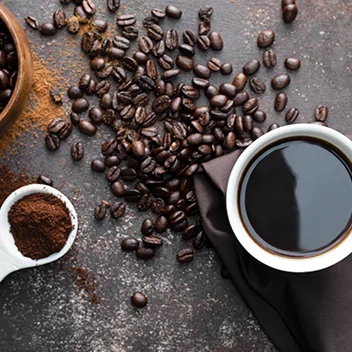 Coffee in different forms, such as coffee beans, coffee powder and coffee beverage
