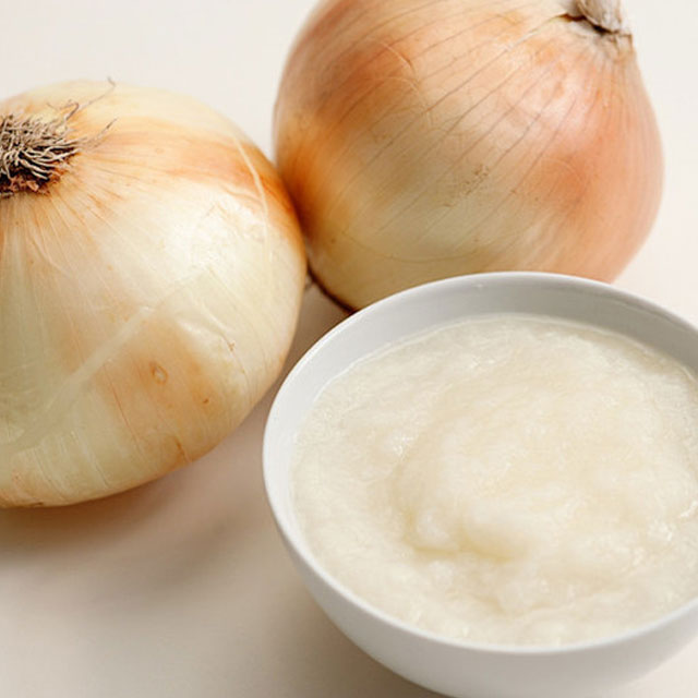 Close up shot of a bowl of pureed onions and two whole onions