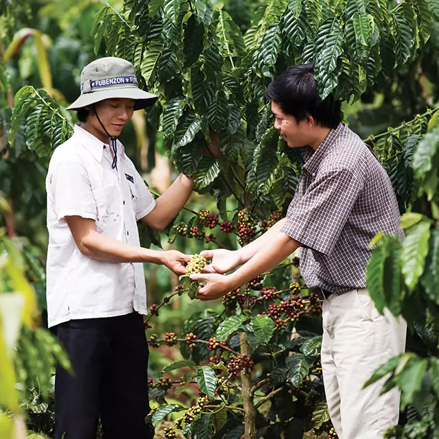 Asian man handing coffee beans to another man