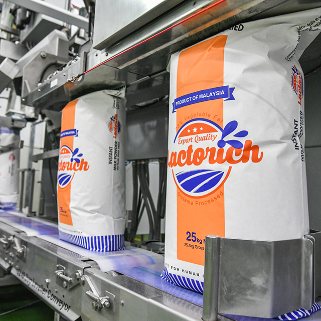 Packaged milk product on production line