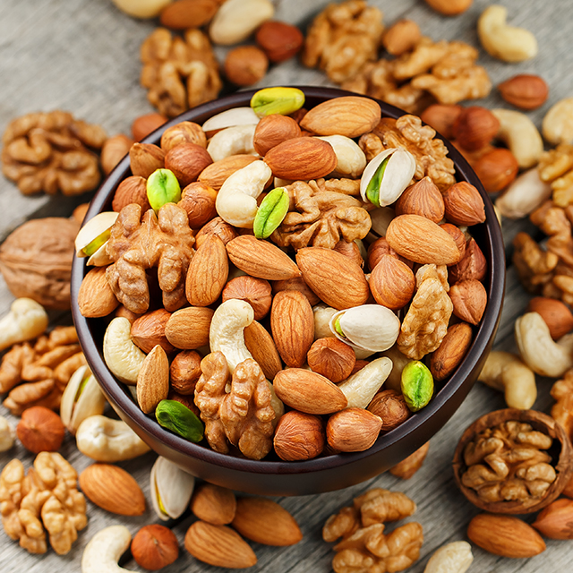 Close up shot of nuts in a bowl