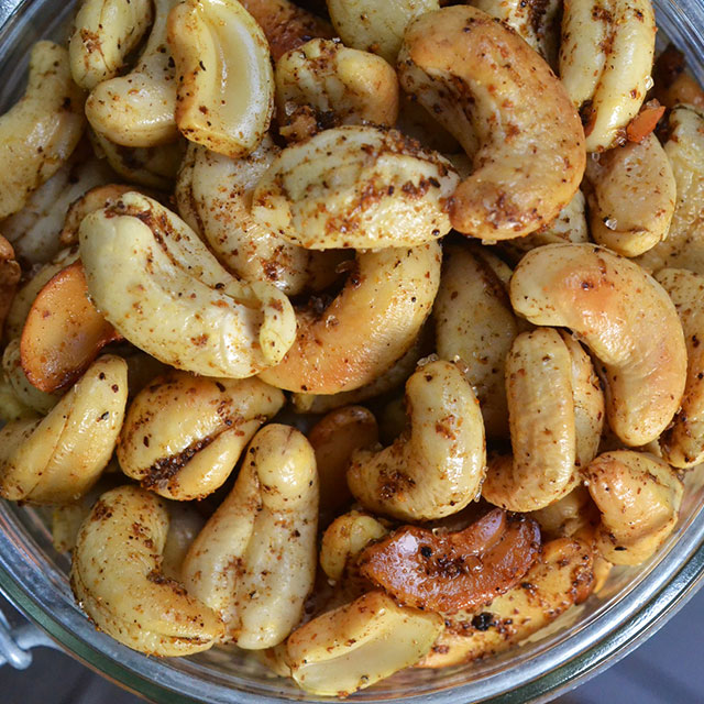 Close up shot of flavored roasted cashews