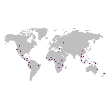 A world map with purple dots indicating farm areas