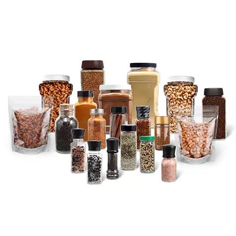 Shot of multiple spices and nuts jars