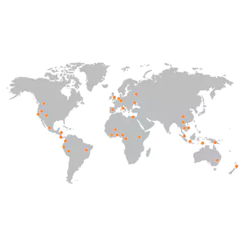 A world map with yellow dots indicating processing areas