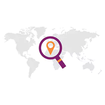 A world map with a large search icon, featuring a drop icon in the center