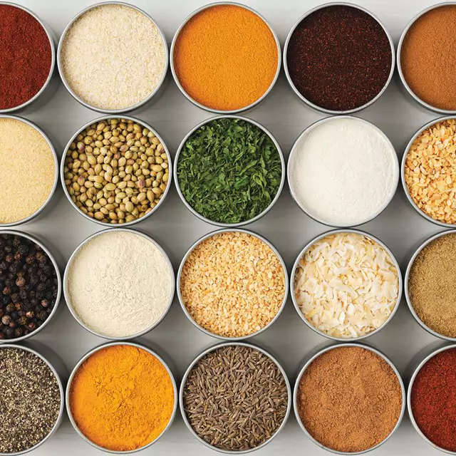 Various spices in small bowls