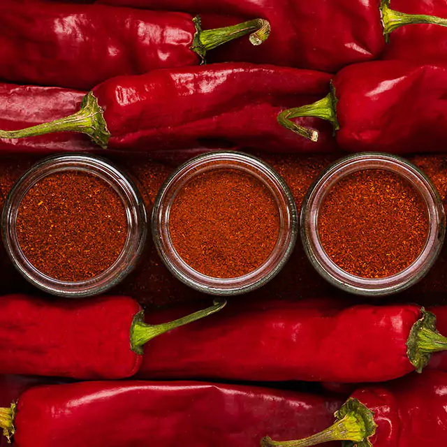 Close up shot ofi chili spices with red chili used as background