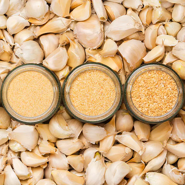 Close up shot of three types of ofi garlic spices with garlic cloves as a background