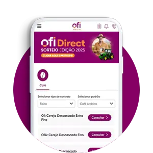Mobile interface showing the ofiDirect platform with options for coffee selection and a tractor in the banner