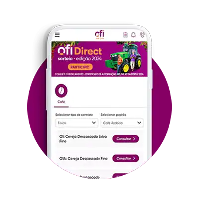 Mobile interface showing the ofiDirect platform with options for coffee selection and a tractor in the banner