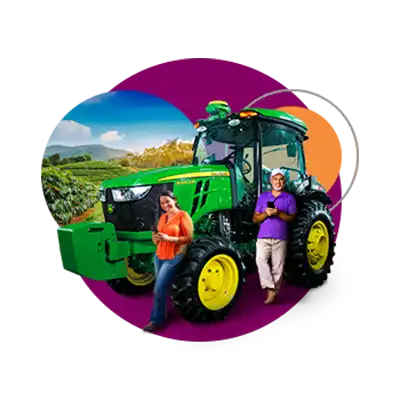 Two farmers standing by a green tractor with a colorful background.