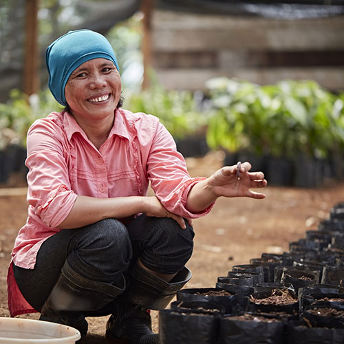 Woman kneeling in front a newly planted plants